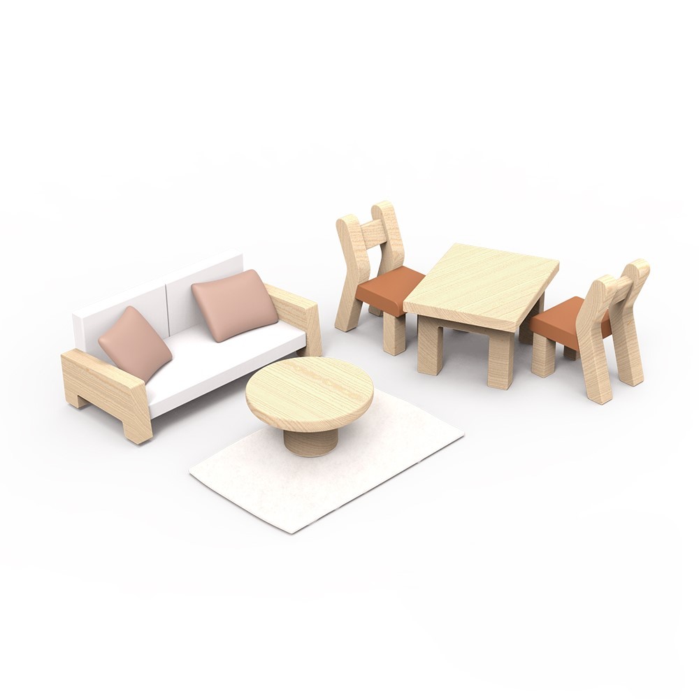 Ξύλινο παιδικό παιχνίδι Κουκλόσπιτο με σετ επίπλων και χαρακτήρων