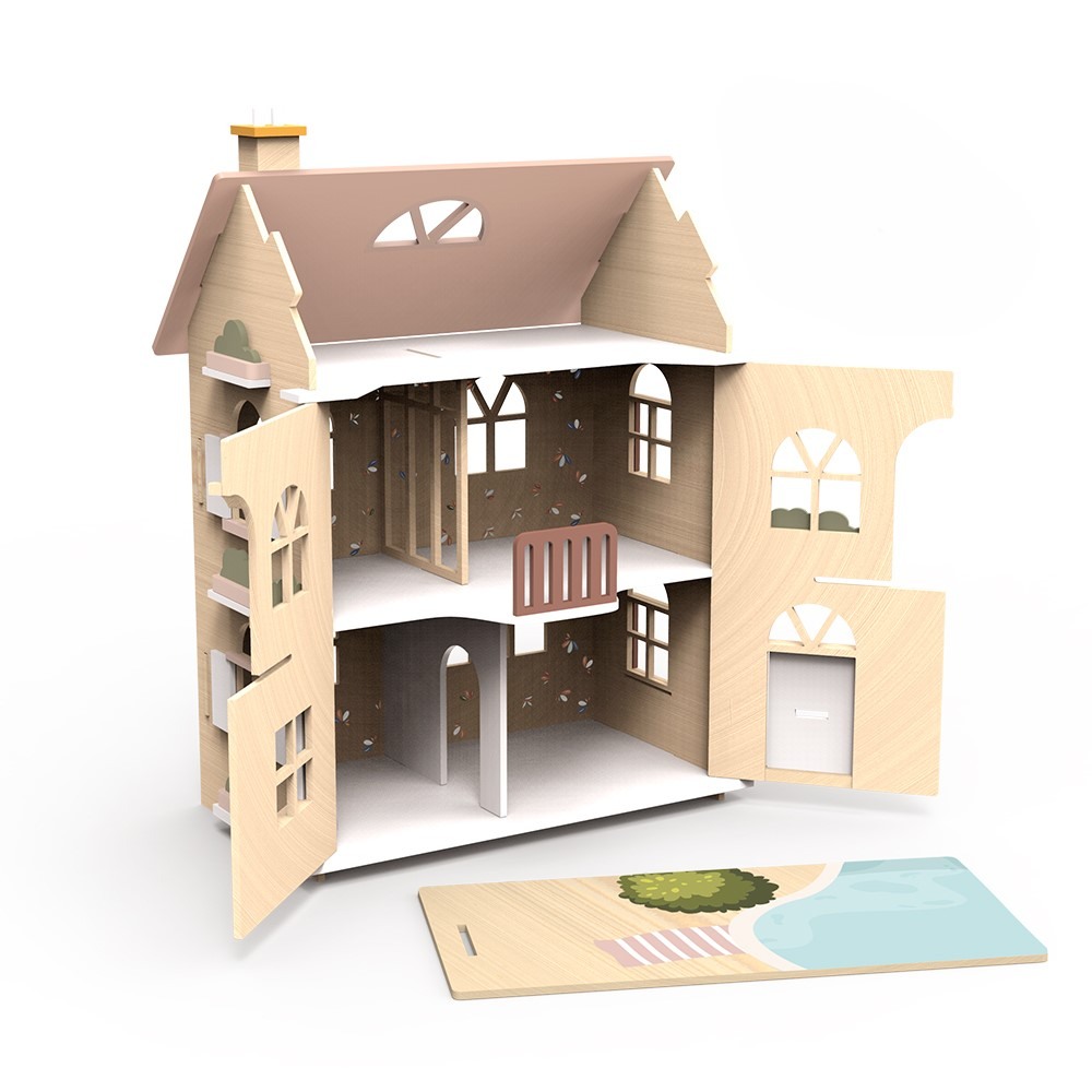 Ξύλινο παιδικό παιχνίδι Κουκλόσπιτο με σετ επίπλων και χαρακτήρων