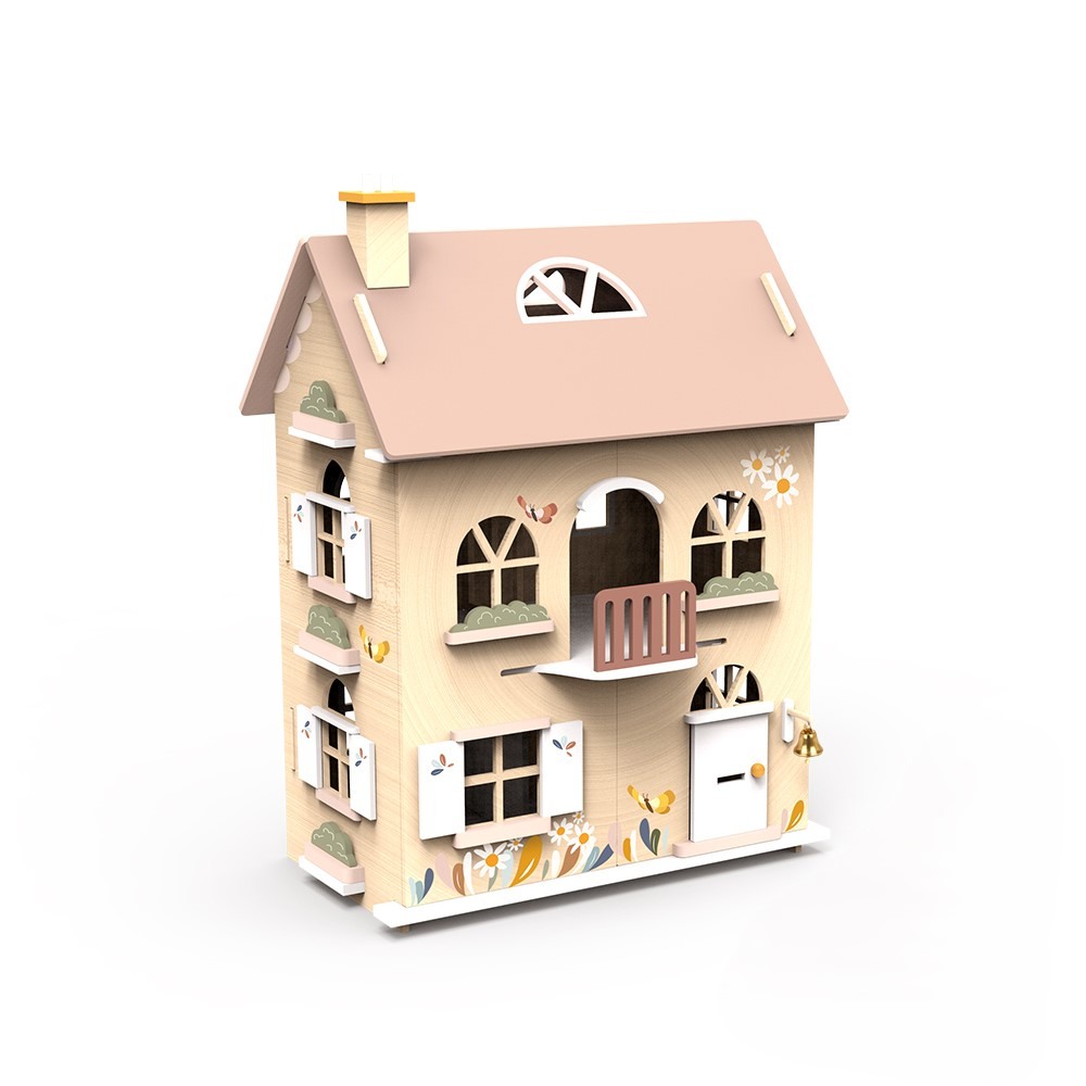 Ξύλινο παιδικό παιχνίδι Κουκλόσπιτο με σετ επίπλων και χαρακτήρων