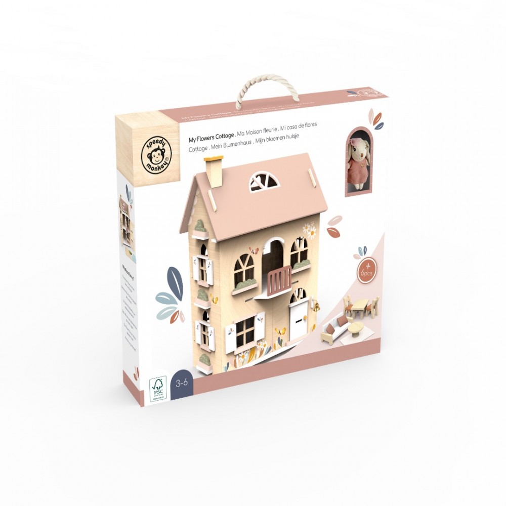 Ξύλινο παιδικό παιχνίδι Κουκλόσπιτο με σετ επίπλων και χαρακτήρων