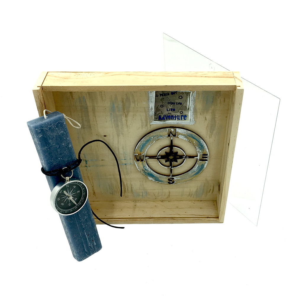 Λαμπάδα μπλε Πυξίδα σετ με χειροποίητο κουτί-κάδρο