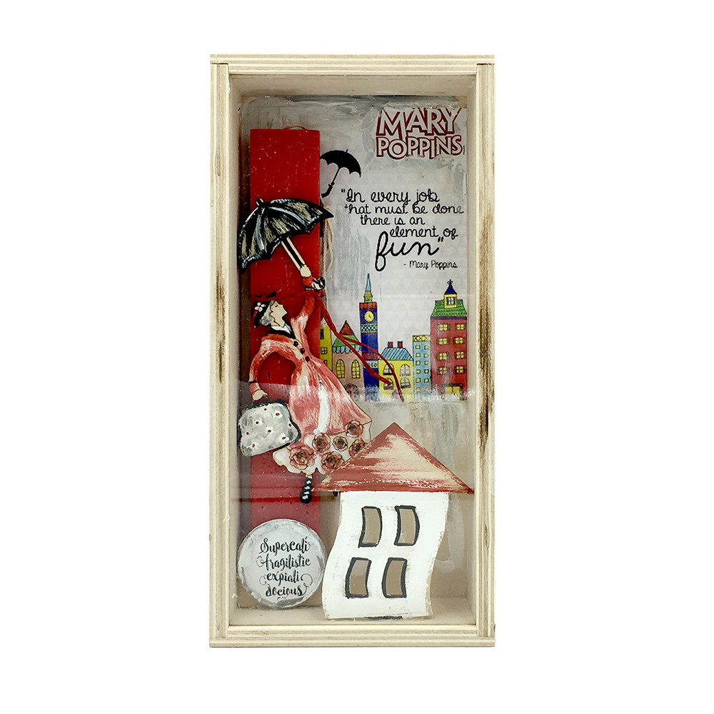 Λαμπάδα κόκκινη Μαίρη Πόπινς σετ με χειροποίητο κουτί-κάδρο