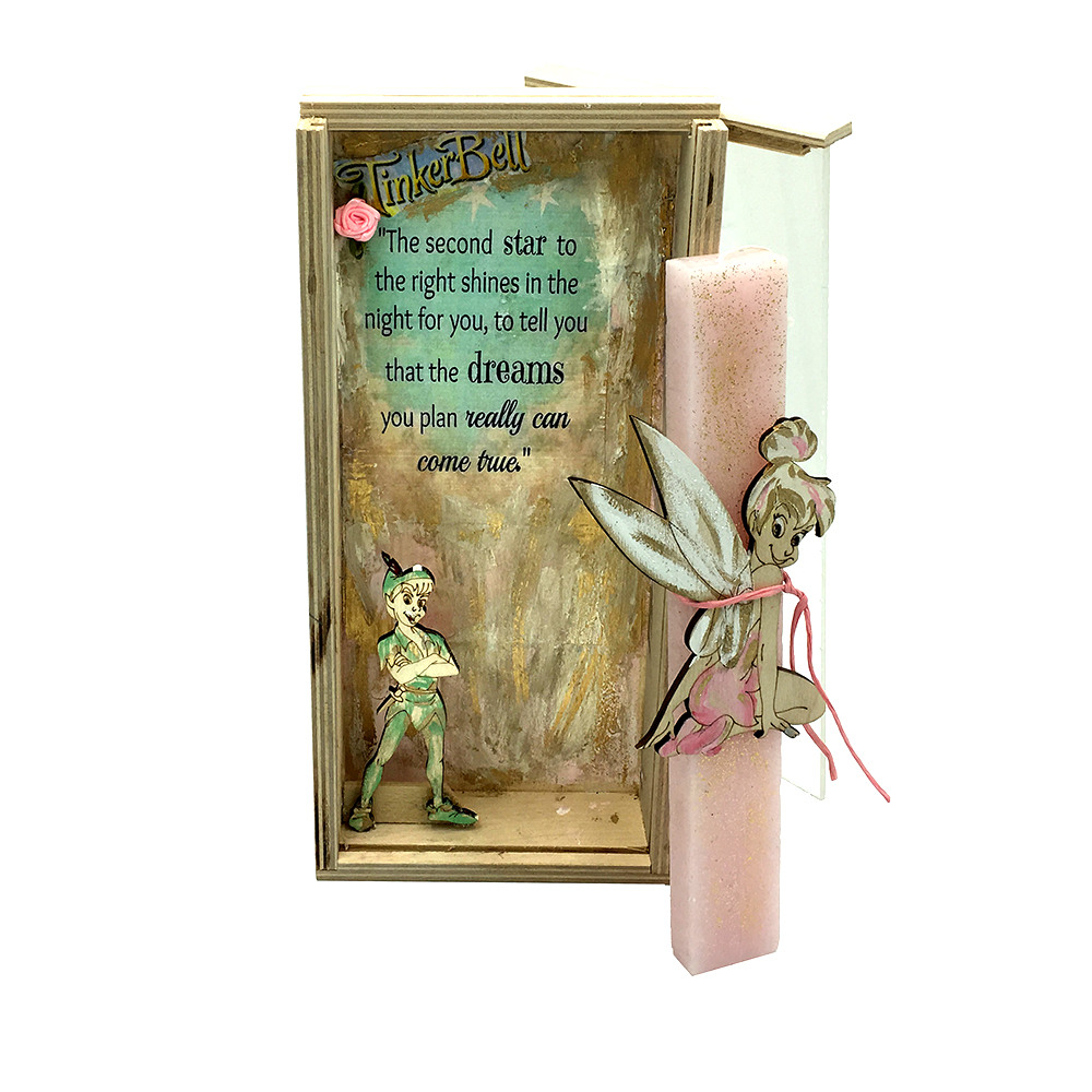 Λαμπάδα ροζ Τίνκερμπελ σετ με χειροποίητο κουτί-κάδρο