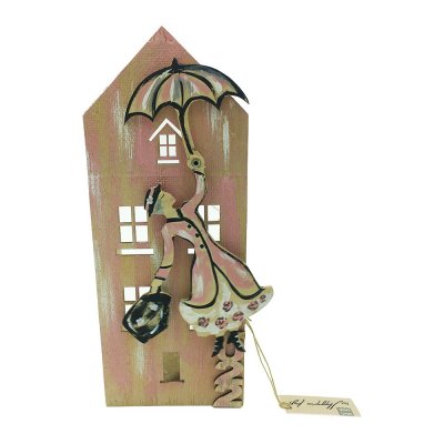 Γούρι επιτοίχιο καδράκι - σπιτάκι Mary Poppins ξύλινο ροζ 32x12.5x10