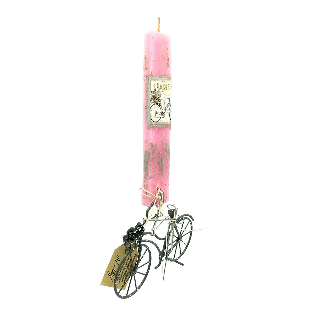 Λαμπάδα ροζ με κρεμαστό μεταλλικό ποδήλατο