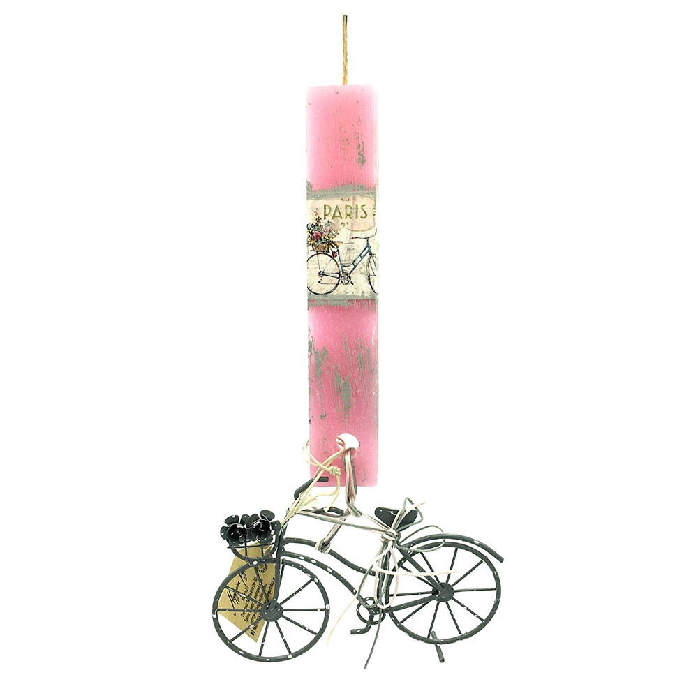 Λαμπάδα ροζ με κρεμαστό μεταλλικό ποδήλατο